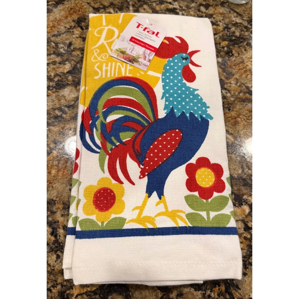 T-fal Kitchen Towels Multi Color Rise & Shine Rooster Chicken 2pc Set NEW